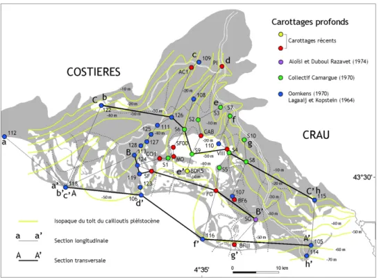 Fig. 2. Localisation des carottages et des coupes étudiés dans le delta du Rhône. 
