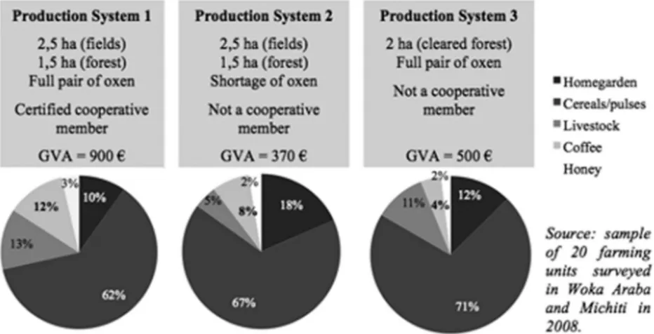 Figure 1. Share of coffee in the Gross Value Added (GVA) for three production systems identified in Michiti and Woka Araba