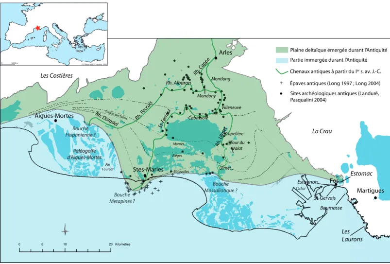 Fig. 1 : Extension de la plaine deltaïque et bras fluviaux actifs autour du changement d’ère.