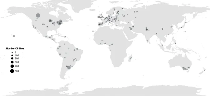 Fig. 1  Locations of the 276 studies included in the database. Each circle represents the centre of a study (a  collection of sites where earthworms were sampled with a consistent method)