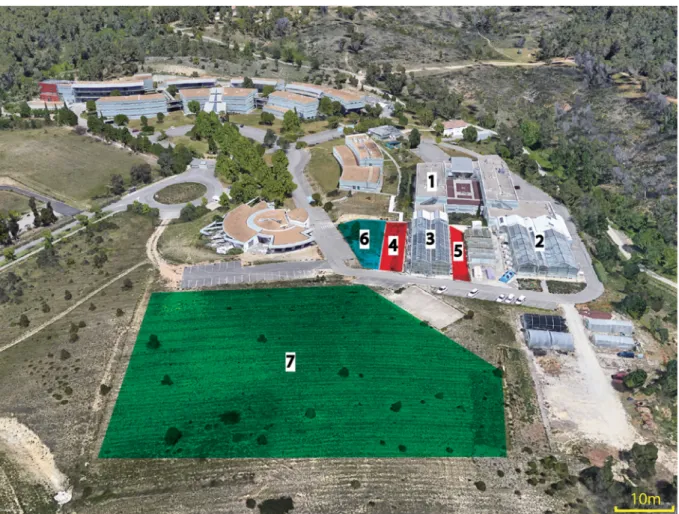 Figure 1. Aerial view of Cirad’s campus showing the sugarcane quarantine (Visacane) and the sampling locations used  for analysis of the virome of Poaceae in the environment of the sugarcane quarantine facilities