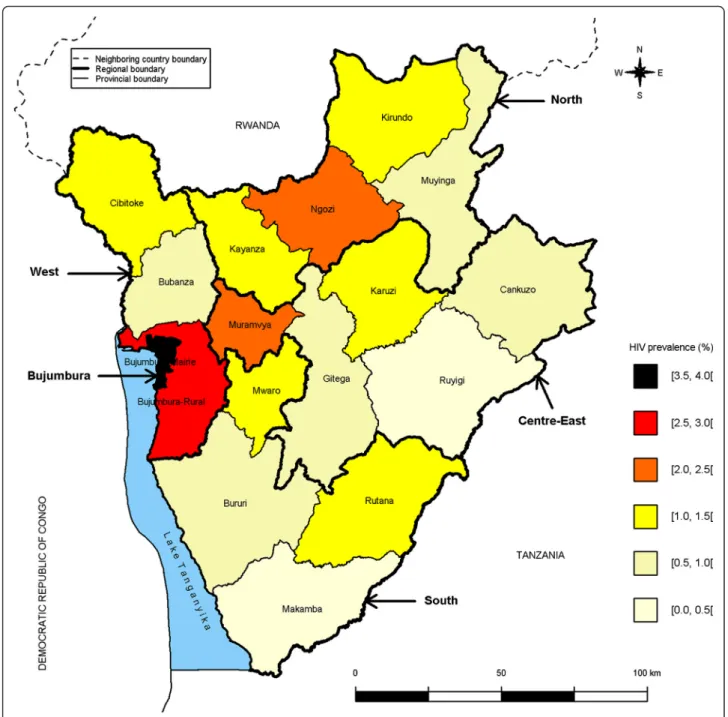 Fig. 1 Average HIV prevalence by province in adults aged 15 – 49 years in Burundi, 2010