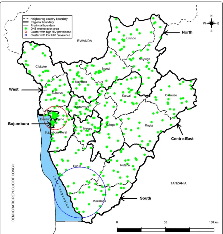 Fig. 3 Spatial distribution of the clusters with high and low HIV prevalence in adults aged 15 – 49 years in Burundi, 2010