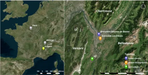 Figure 1. Grenoble, the city where the sampling was made, placed on a European map (left), and PM monitoring sites (right): Les Frênes or LF (background), Caserne de Bonne or CB (hyper-center), and Vif (peri-urban)