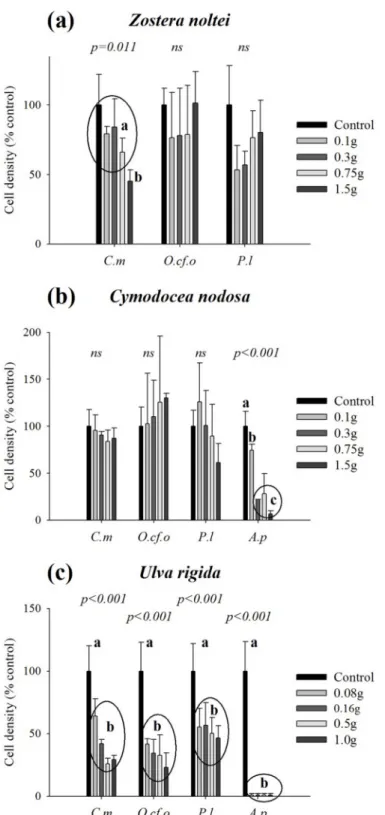 Fig 2. Normalized final cell densities (% of the control) of the tested dinoflagellates, exposed to different weights of fresh leaves/thalli of Zostera noltei (a), Cymodocea nodosa (b) and Ulva rigida (c) at the end of the experiments (Day 10)