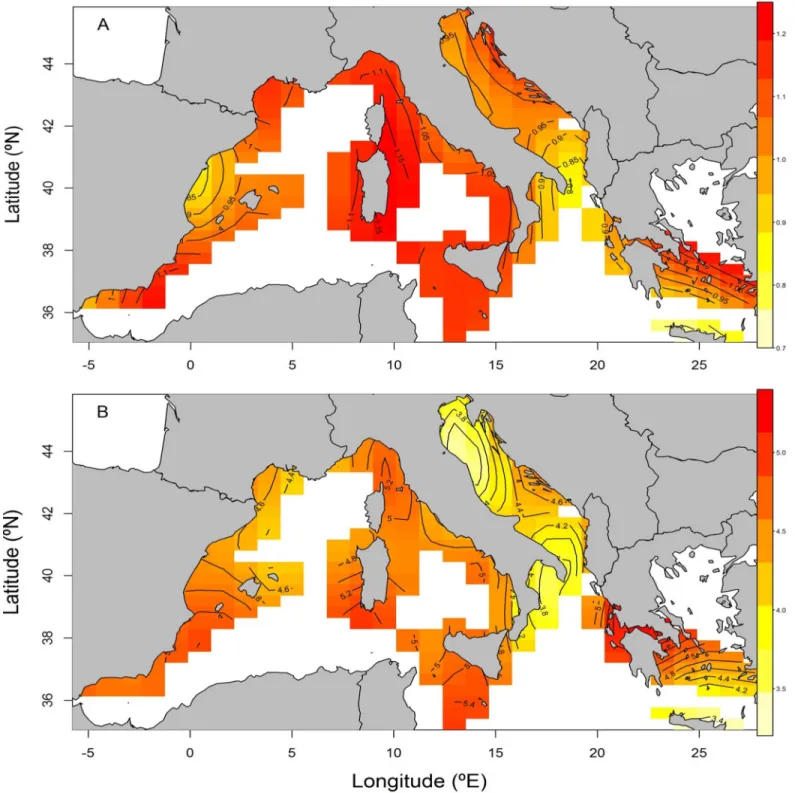 Fig 8. Spatial pattern of Shannon diversity H ’ (A) and species richness S (B) across the Mediterranean Sea as predicted by the GAM model.