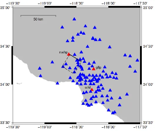 Figure 1. Fault geometry and station locations for the 1994 Northridge, California, earthquake
