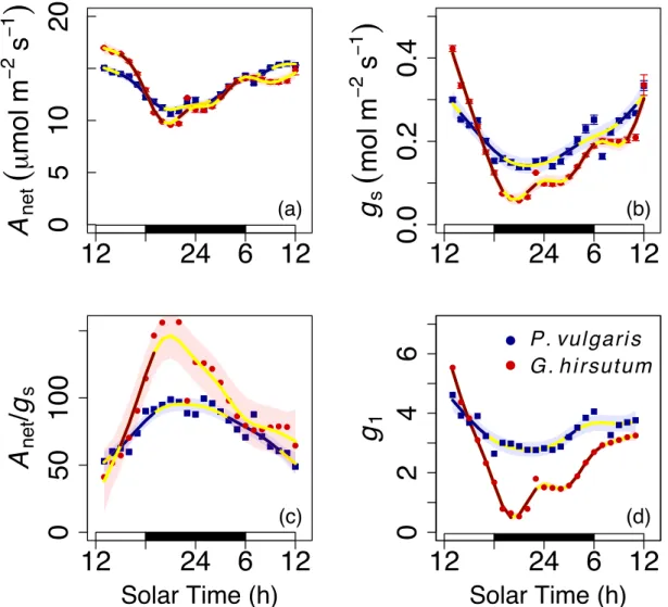 Figure 1. Circadian oscillation in gas exchange. The dots (with small SE bars hidden) indicate hourly averages of (a) assimilation (A net ), (b) stomatal conductance (g s ), (c) the ratio between the two (A net /g s ), and (d) a parameter proportional to t