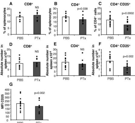 FIGURE 1. Reduction in the relative and abso- abso-lute numbers of CD4 ⫹ CD25 ⫹ T cells in the spleen of PTx-treated mice