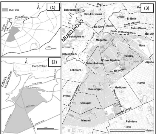 Figure 2: situation of study area. In (1) the map shows the study area at the level of Oran city represented by its four ring roads