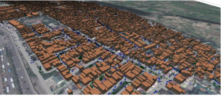 Fig. 1. Simulation snapshot: the green triangles represent the people agents, and the blue rectangles the motorbikes