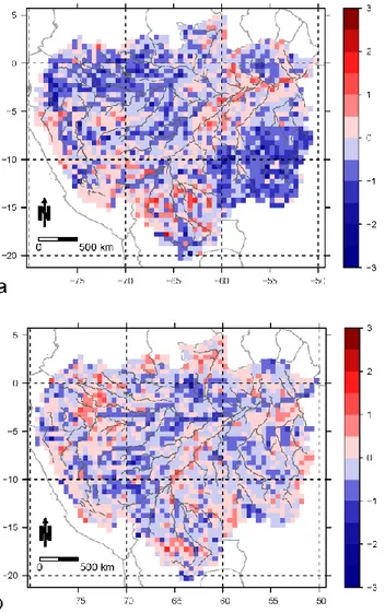 Fig. 9. Difference of the number of (a) extremely dry years and (b) extremely wet years between future and reference period.