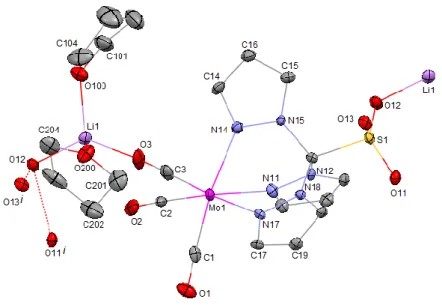 Figure  3.  ORTEP  view  of  the  asymmetric  unit  of  [Mo(Tpms)(CO) 2 (-CO)Li(thf) 2 ] n (2)  with  atom  labelling scheme