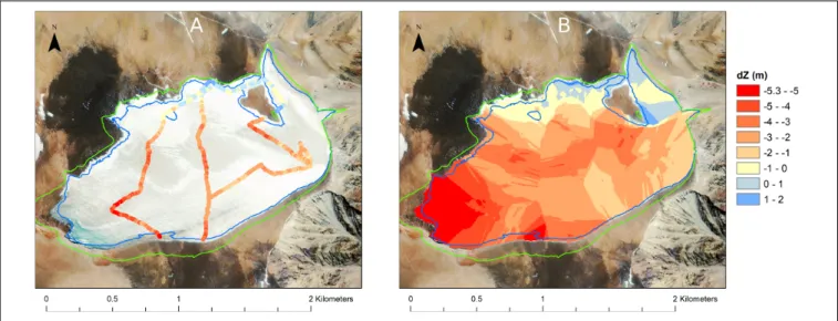 FIGURE 4 | Recent elevation changes on Guanaco Glacier, 2005–2011. (A) Satellite image of Guanaco Glacier (Ikonos, March 2005) showing DGPS tracks in October 2011 and measured elevation changes (dZ)