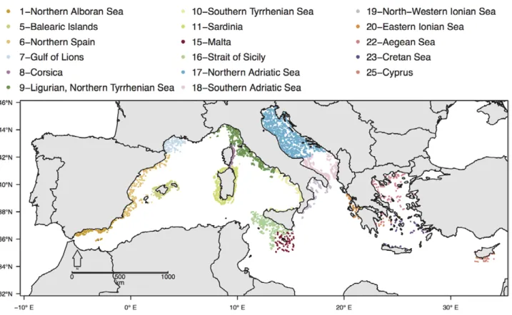 Fig. 1. – Study area and sampling sites based on the MEDITS program protocol with the position of 18062 hauls sampled between 1999 and  2015 in 17 Geographical Sub-Areas (GSAs); each color corresponds to one of the 17 GSA defined by the General Fisheries C