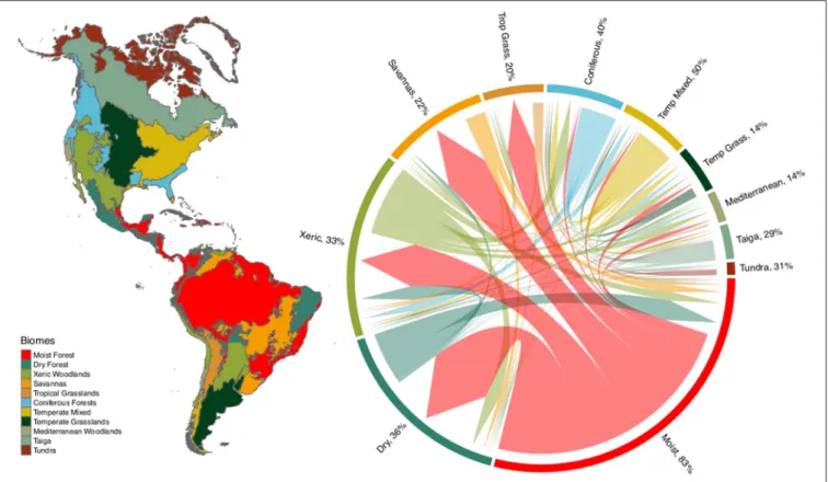 FIGURE 1 | Overlap of plant species among biomes of the New World. Percentage values express the fraction of species occurring in a biome that have the greatest proportion of their geographic range in that biome, N = 84,413