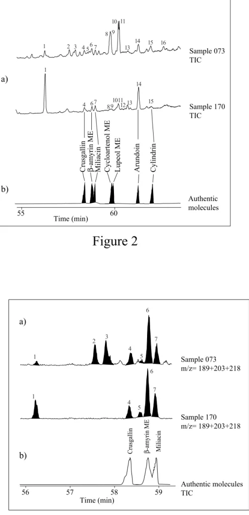 Figure 2 a)b)5560Time (min) Sample 073TIC91011141514151113813891011Authenticmolecules4 674 6 7 56 57 58 59 Time (min) Sample 073 m/z= 189+203+218 Sample 170m/z= 189+203+218 123457645761a)b) Authentic moleculesTIC 2 3516Sample 170TIC12