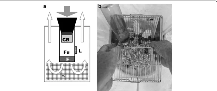 Fig. 1 a BG-sentinel trap in vertical section in its classical form with the BG-Lure (L) and without the Mouse cage (MC), and in its modified form without the BG-Lure and with the Mouse cage (MC)