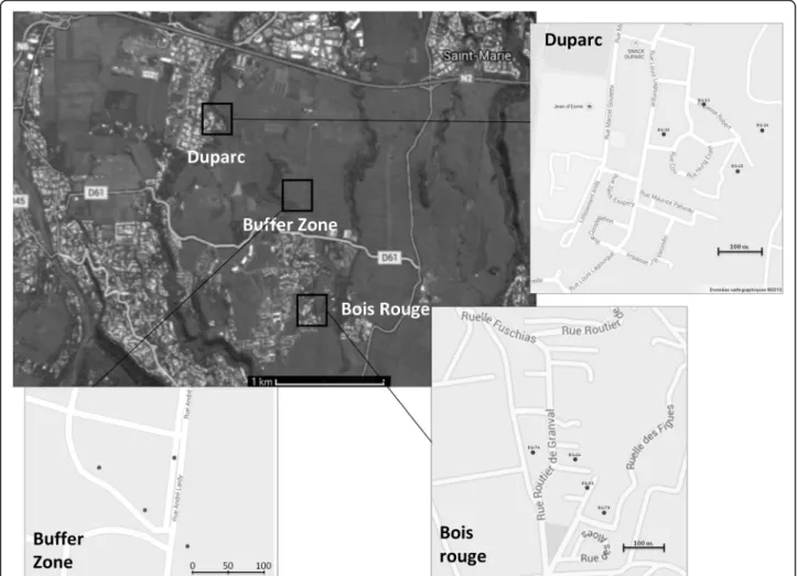 Fig. 2 Localisation of the three collection areas: two urban pilot sites, Duparc and Bois Rouge, and the uninhabited buffer zone