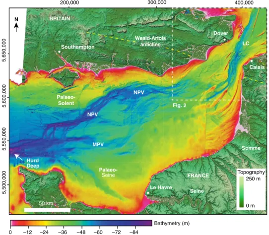 Figure 1 | Sonar bathymetry of the eastern English Channel shelf. Map showing bathymetry of the eastern English Channel gridded at 30 m cell size.