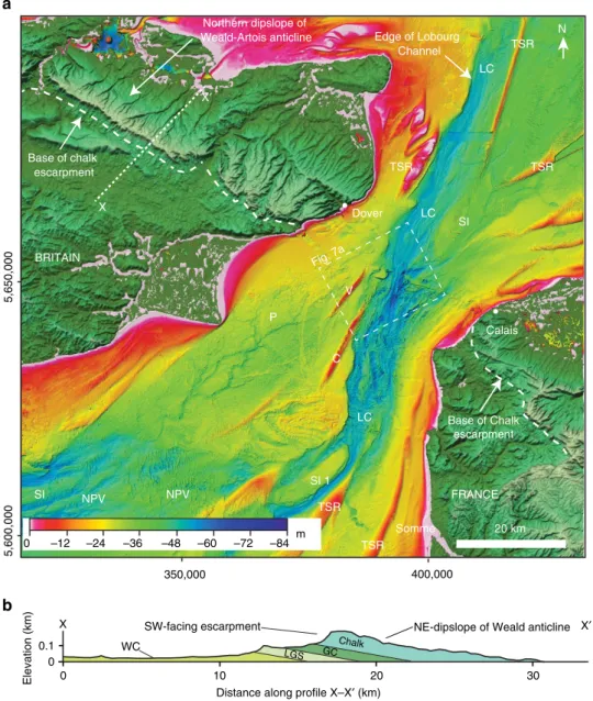 Figure 2 | Sonar bathymetry of the northeastern English Channel shelf. (a) Coloured and shaded relief bathymetry compilation map of the Dover Strait region