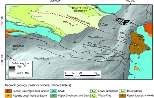 Figure 6 | Map showing onshore and offshore bedrock geology of Dover Strait area. Onshore bedrock geology shown in colours and offshore geology bedrock geology indicated by letters