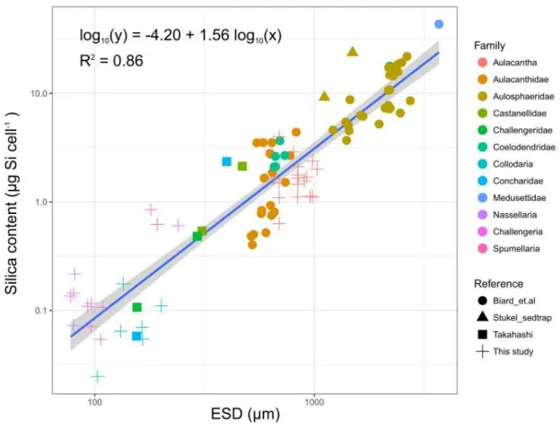 Figure 3. Relationship between the Si content of Polycystina and Phaeodaria and their ESD  (µm) across all the  specimens  assessed