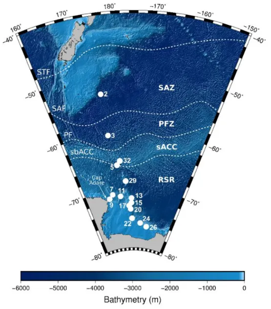 Figure 1. Map of the Pacific sector of the Southern Ocean with station locations (white dots) and approximate  location of the Sub-tropical front (STF), Sub-Antarctic zone (SAZ), Sub-Antarctic front (SAF), Polar Front (PF), Polar  Front Zone (PFZ), souther