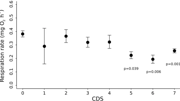 Fig. 3. Relationship of mean respiration rate (mean ± SE) with conchiolin deposit stage (CDS)