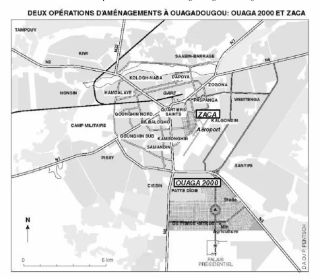 Fig. 2 - Deux opérations d’aménagements à Ouagadougou : Ouaga 2000 et Zaca. Two  urban development schemes in Ouagadougou : Ouaga 2000 and Zaca.