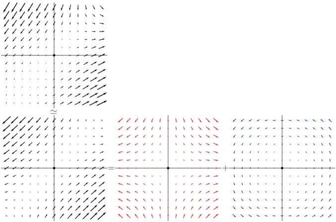 Fig. 2.2 – Illustration d’un gradient de vecteurs et de la d´ecomposition (2.13) par repr´esentation de champs dans une partie de R 2 centr´ee sur son origine