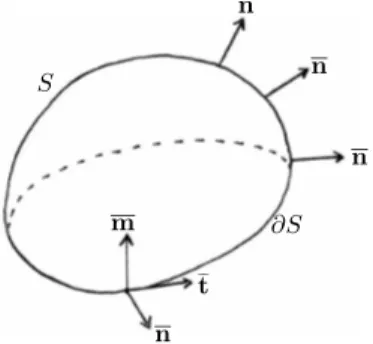 Fig. 2.3 – Conventions d’orientation ` a respecter pour le champ de vecteur normale unitaire n(x) ` a une surface S de l’espace R 3 , et pour l’orientation de son bord ∂S, afin de pouvoir appliquer la formule du rotationnel (2.35)