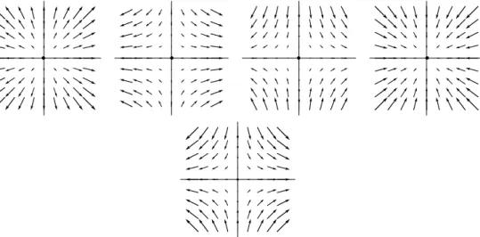 Fig. 2.6 – Dans le plan x 1 Ox 2 , trac´es de champs (2.44). Haut : (λ 1 ,λ 2 ) = (1,1), (1, − 1 2 ), ( 1 2 , − 1), ( − 1, − 1) de gauche `a droite