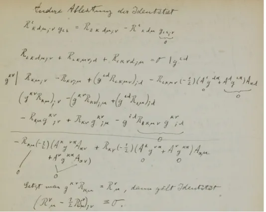 Fig. 2.7 – Manuscrit d’Einstein pr´esentant des calculs en relativit´e g´en´erale, th´eorie qui utilise beaucoup le calcul tensoriel