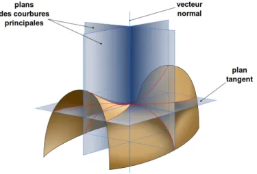 Fig. 2.3 – En couleurs dans la version PDF. Repr´esentation d’une interface tridimensionnelle quel- quel-conque et des plans dont les intersections avec l’interface poss`edent des cercles osculateurs de rayon R 1 et R 2 , rayons de courbure principaux au p