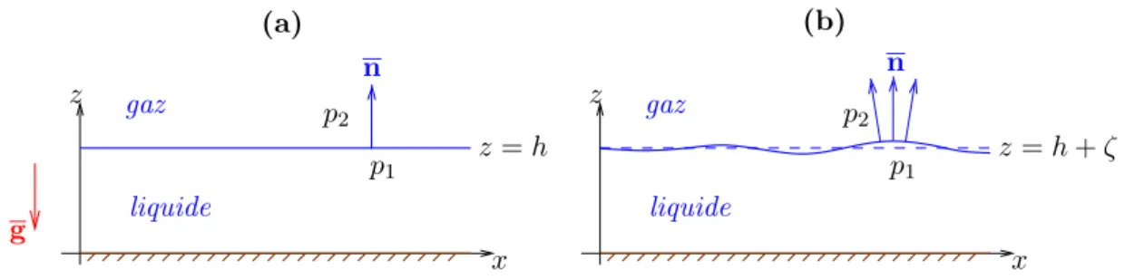 Fig. 3.1 – Sch´ema de principe du syst`eme ´etudi´e pour le calcul d’ondes ` a l’interface entre deux fluides.