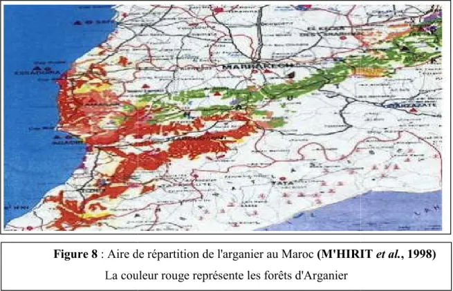 Figure 8 : Aire de répartition de l'arganier au Maroc  La couleur rouge représente les forêts 
