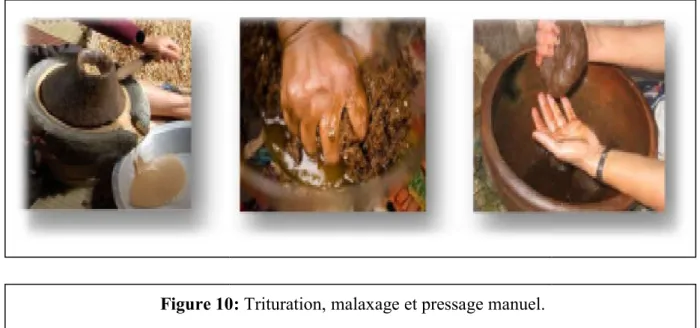 Figure 9: 1) Dépulpage du fruit, 2) concassage des noix et 3) torréfaction traditionnelle desensuite  collectées  torréfiées  quelques  minutes  dan
