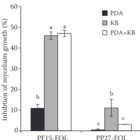 Figure 1. Antagonistic activity of Pseudomonas fluorescens  PF15 and Pseudomonas putida PP27 on fusarium  oxy-sporum f.sp