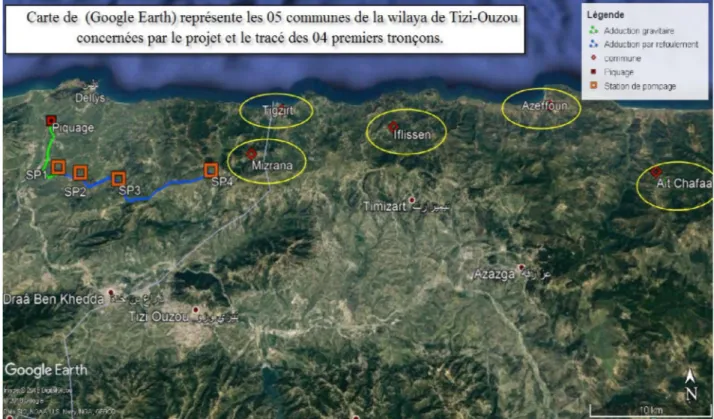 Figure 3: Carte de  (Google Earth) représente les 05 communes de la wilaya de Tizi-Ouzou  concernées par le projet et le tracé des 04 premiers tronçons