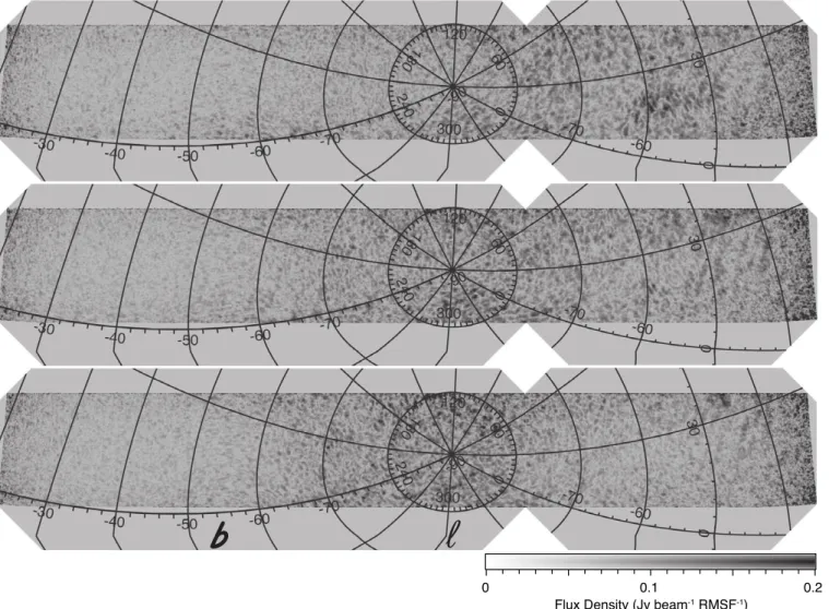Figure 9. Polarized intensity images at Faraday depths φ = 0, +2 and +4 rad m − 2 at the top, middle, and bottom panels respectively