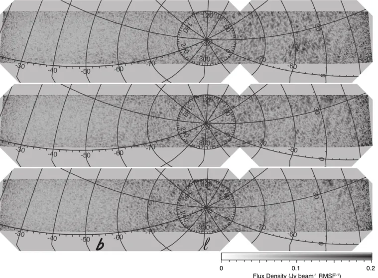Figure 9. Polarized intensity images at Faraday depths φ = 0, +2 and +4 rad m − 2 at the top, middle, and bottom panels respectively