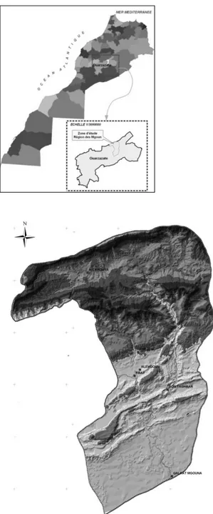 Fig. 1: Location of the M’goun catchment (scale: 1/3000000) and elevation map  (scale: 1/175000) (Source: CBTHA, 2003) 