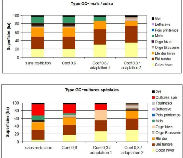 Figure 8: Assolement des différents types d’exploitation pour différents coefficients de restrictions d’eau  Figure 8: Impact of two water restrictions scenarios on crop allocation per farm type 