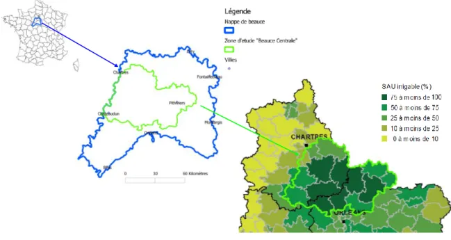 Figure 2: Localisation de la zone d’étude et répartition de la SAU irrigable au sein de la zone
