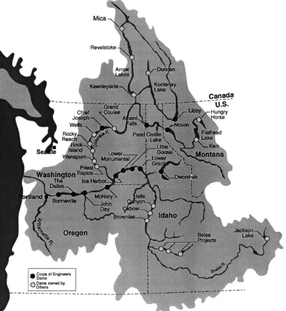 Figure  1.1  Map of Columbia  River Basin and dams. Source:  US Army Corps of Engineers.