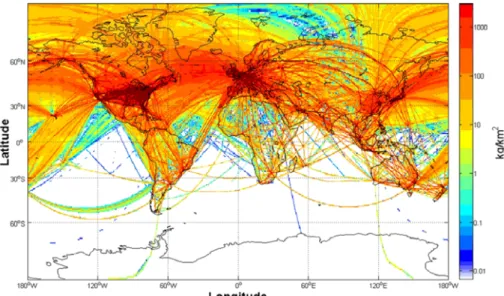 Figure 4: This figure presented in Wilkerson (2010) shows the total CO2-C (kg/m 2 ) emitted from  commercial aviation for the year 2006 and indirectly gives an idea of commercial traffic density 