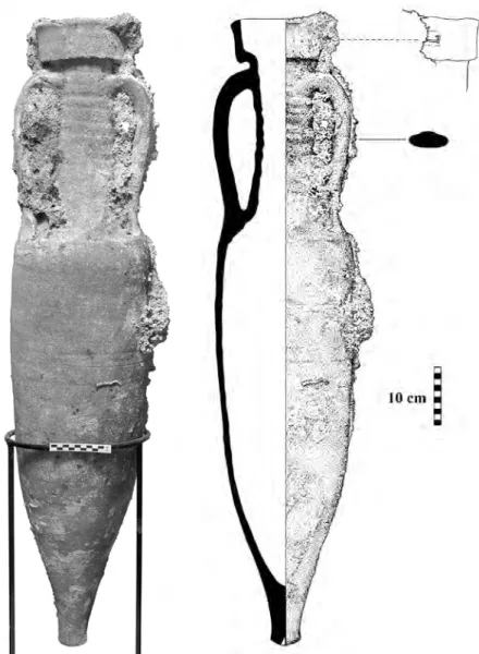 Figure 4. Dressel 1C (Will Type 5)  amphora, with detail of an incuse  stamp on its rim, recovered by divers  from the Hellenistic wreck B site off  Lithi, Chios