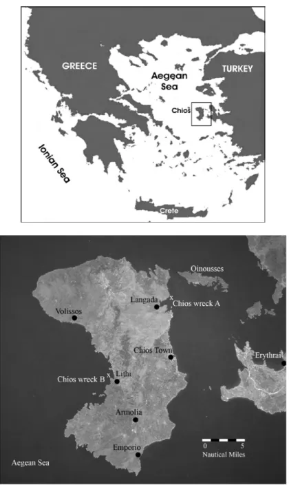 Figure 1. Overview and detail   showing location of the 2005 Chios  shipwreck surveys and other sites  mentioned in the text