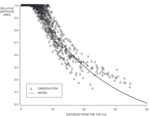 Figure 9. Relative sapwood area as a function of distance from the top. Observations and fitted general model